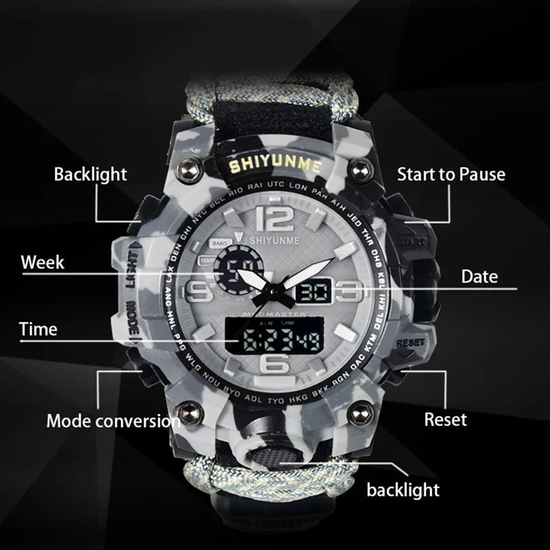 Este relógio de pulso militar é projetado para enfrentar qualquer aventura,com bússola embutida,termômetro integrado a prova d´água, desde acampamentos selvagens até expedições nas montanhas mais altas.